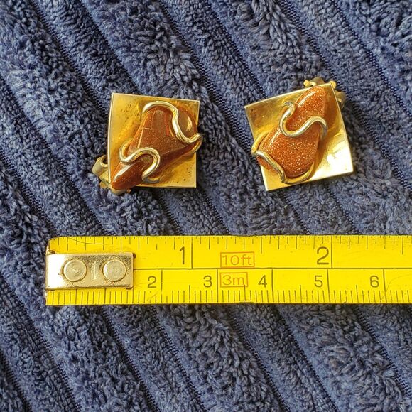 Abstract Goldstone Clip Earrings Amber Adventurine Copper Wire Vintage Mod Retro - Picture 16 of 16